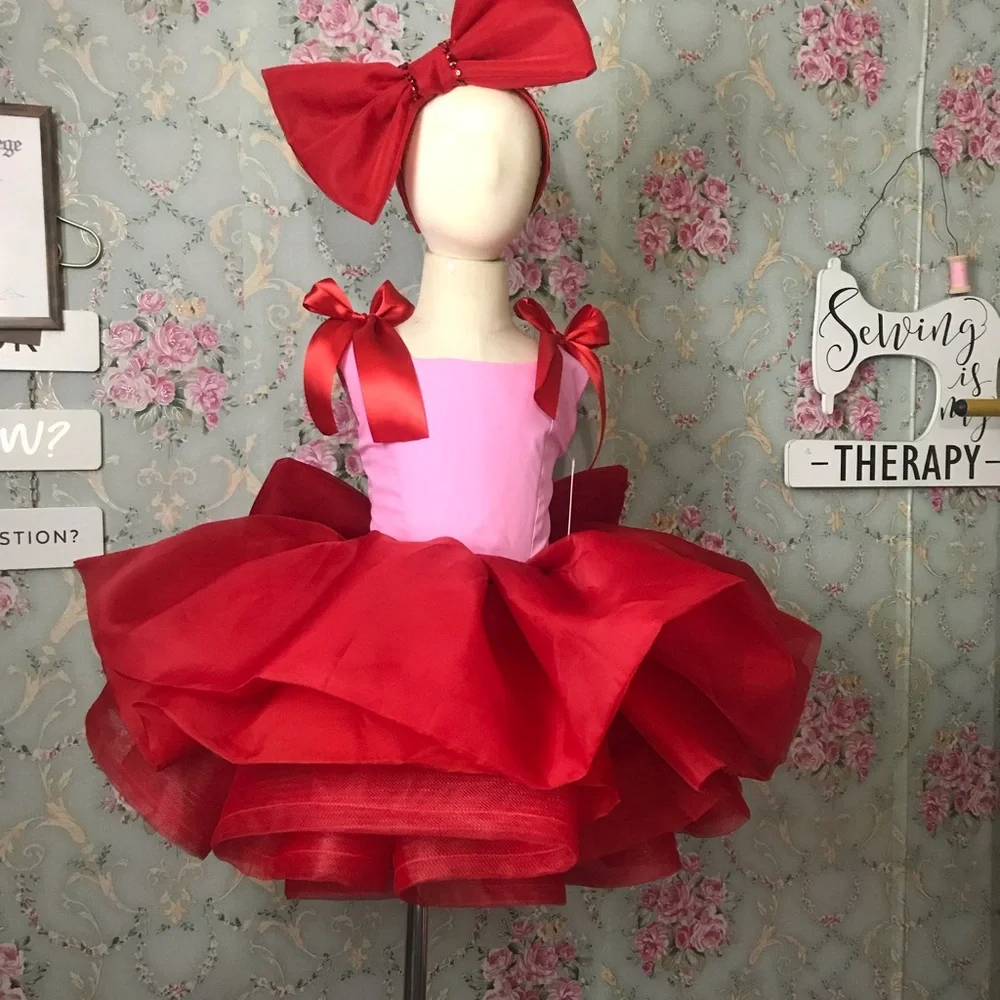Pink and Red Girls' (Mother and daughter) Party Tutu Dress with Satin Bows
